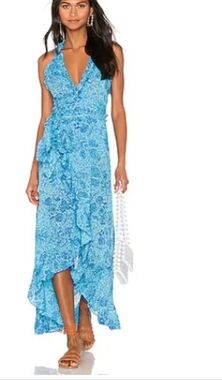 Poupette St. Barth Tamara Blue High Low Fuffle Maxi Wrap Dress Sz L